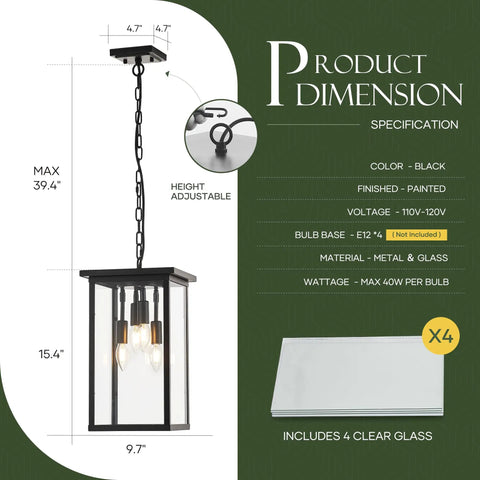 8 Inch Modern Black Exterior Lantern Pendant Light With 3 Lights showing dimensions and specifications
