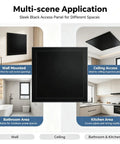 Tough As Nails Aluminum Access Panel For Drywall Hides Messy Electrical Wiring And Conceals Clutter With A Heavy Duty Galvanized Steel Frame For Slick Home Renovations, showcased in bathroom and kitchen areas.