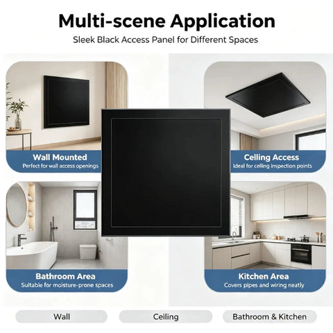 Tough As Nails Aluminum Access Panel For Drywall Hides Messy Electrical Wiring And Conceals Clutter With A Heavy Duty Galvanized Steel Frame For Slick Home Renovations, showcased in bathroom and kitchen areas.