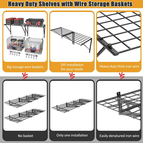 Image showing Two Pack Wall Mounted Garage Shelves With Wire Baskets And Hooks Heavy Duty Tool Organizer. Includes close-up view of wire grid.
