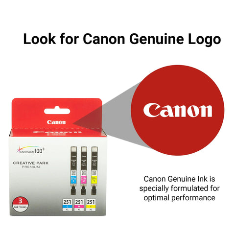 Box of CLI-251XL Three Color Ink Pack For Photo Printers Cyan Magenta Yellow High Yield Set with Canon logo visible