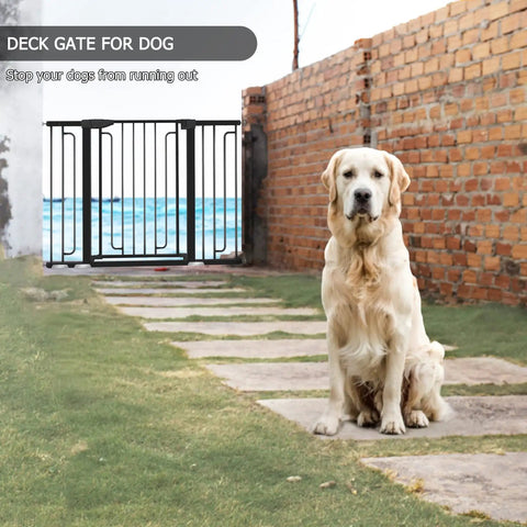 36 Inch Tall Stair Baby Gate With Door, Extra Wide Adjustable From 29.3 Inches To 51.5 Inches, Pressure Mounted Black Gate with dog