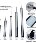 Industrial Workshop Light For CNC Machines And Lathe Tools, Tough As Nails Heavy Duty Tube Lamp, IP66 Waterproof, 110V To 220V Universal, 30W, multiple sizes shown with details of semi-circular aluminum bar, astigmatic glass, and black metal bracket.