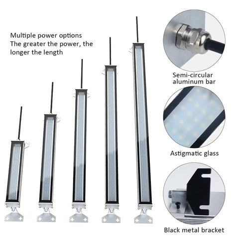 Industrial Workshop Light For CNC Machines And Lathe Tools, Tough As Nails Heavy Duty Tube Lamp, IP66 Waterproof, 110V To 220V Universal, 30W, multiple sizes shown with details of semi-circular aluminum bar, astigmatic glass, and black metal bracket.