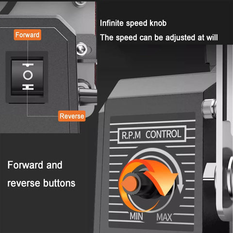 Close-up of the speed control knob and forward/reverse buttons on Tailgate Ready Belt Sander And Bench Grinder Duo.