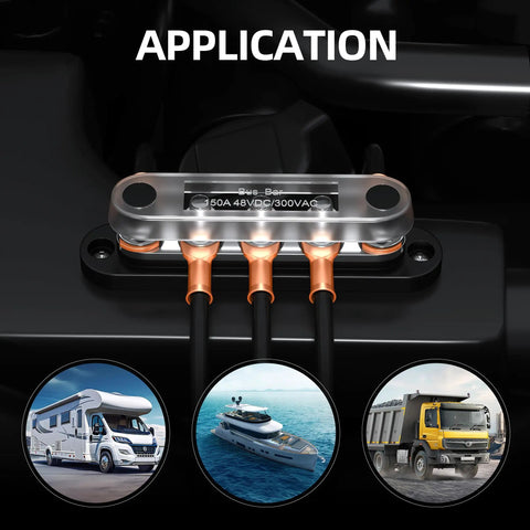 Heavy Duty 150A Marine Bus Bar Power Distribution Block, 150A 48VDC, 300VAC with copper terminals for RVs and boats.