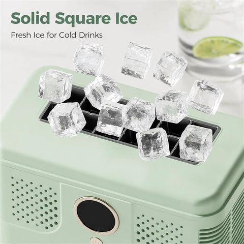 Sleek Countertop Ice Maker With Zero Sweat One Touch Operation And Smooth Self Cleaning Design Blazing Fast Cube Production For Weekend Hangouts Home Bars Or Office Chill Areas Ultra Compact showing fresh square ice cubes.