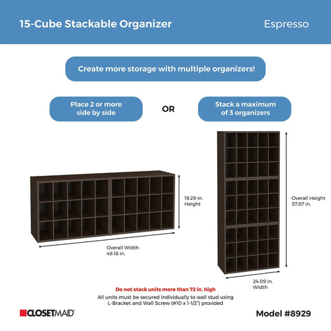 15 Cube Stackable Storage Organizer for Shoes Bags Crafts and More with Wood Shelves Espresso Finish displayed side by side and stacked