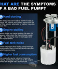 Diagram showing symptoms of a bad fuel pump alongside a Drop-In Electric Fuel Pump Assembly For Chevy Silverado 1500 And GMC Sierra 1500 2014-2018 With 4.3L 5.3L 6.2L V6 V8 Engines Replacement Module OE 13513407