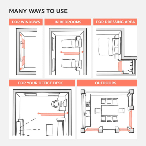 Diagram showing various uses of Wire Curtain Hanging System With 16Ft Stainless Steel Room Divider Rod And 24 Alligator Clips.