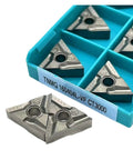 Top Tier Carbide Turning Inserts For Hard Steel Parts 10 Pack TNMG160404R-VF heavy duty lathe tool in blue container.