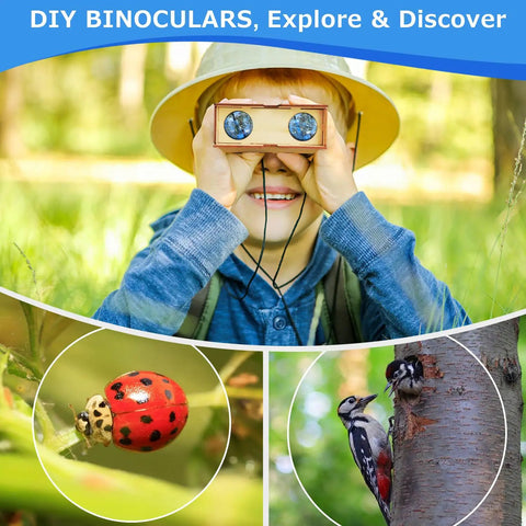 Child using DIY binoculars from 6 In 1 STEM Kit For Kids Ages 6-13, Hands-On Science Building Projects, in a forest setting.