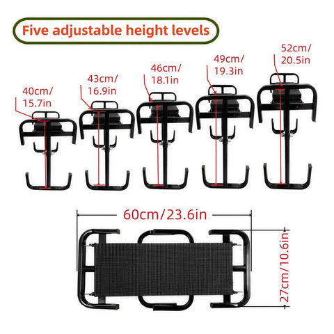 10.6 Inch Wider And Thicker Cushioned Comfy Garden Kneeler And Seat Folding Bench dimensions and adjustable height levels diagram.