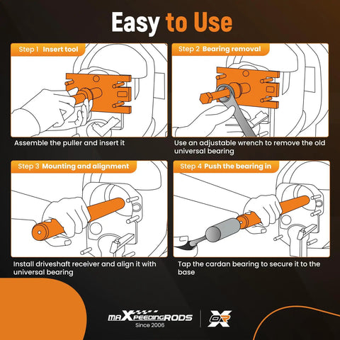 Illustration showing steps for using Engine Alignment Tool and Gimbal Bearing Puller Set for Mercruiser Alpha One, MR, Bravo, OMC, and Volvo Outdrives, Pro Grade Removal Kit for Gimbal Bearings and Bell Housings, Easy Install.