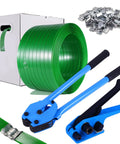 High Grade Pallet Strapping Kit That Slaps Includes 5 8 Inch 1000 Ft PET Strap Roll, steel seals, and manual sealer tools.