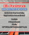 Warehouse shelving with Kit Features text highlighting assembly in USA, QR code for reordering, vinyl pouch, 5 compartments