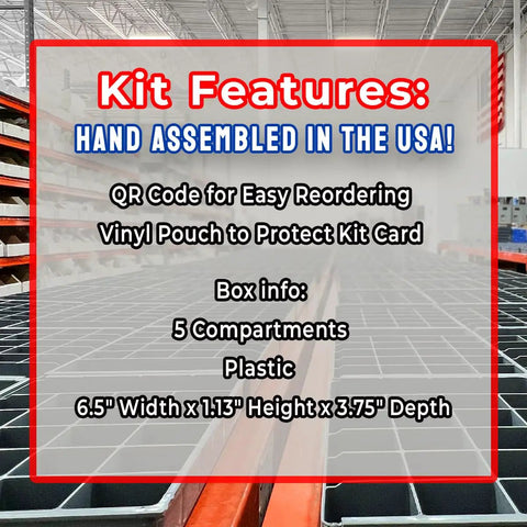 Warehouse shelving with Kit Features text highlighting assembly in USA, QR code for reordering, vinyl pouch, 5 compartments