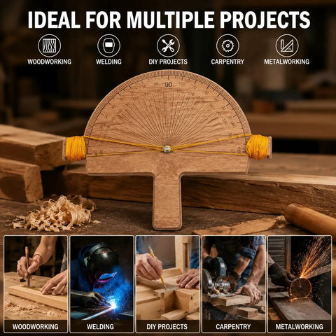 Professional Grade Battery Free Wood Angle Finder With Engraved Degree Scale And String Alignment Setup on wooden surface.