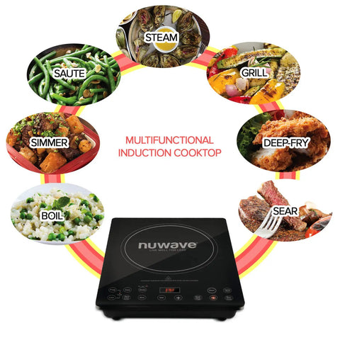 Pro Chef Induction Cooktop Portable 1800W with 8-inch heating coil, NSF-certified ceramic surface, shown with multiple cooking options.