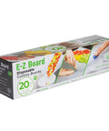 EZ Board Disposable Plastic Cutting Board packaging showing 20 sq ft roll with BPA-free label, ideal for easy food prep on the go.