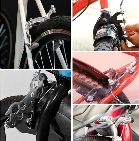 All In One Complete Front And Rear C Type Bike Brake Set With Levers And Cables For MTB And Road Bikes Includes Inner And Outer Cables And Wrench Tool Ready To Install displayed in five different bike setups showcasing installation angles