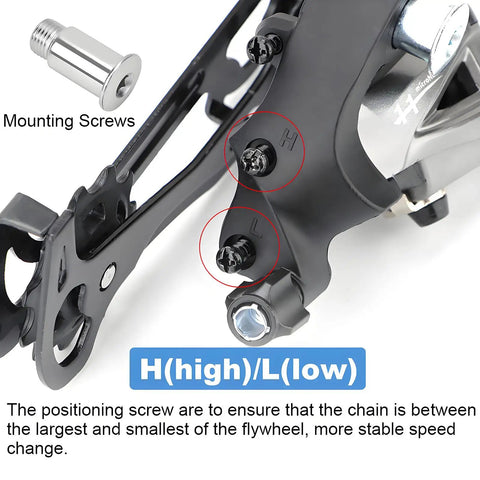 Rear Derailleur For Mountain And Road Bikes, 7 8 9 10 11 Speed Compatibility, Direct Mount, showing mounting screws and settings