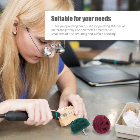 Woman using Six Piece Abrasive Wheels Scouring Pads Sanding Heads for wood and metal rust deburring and polishing on a model