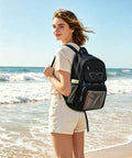 Heavy Duty Mesh Backpack See Through Beach Pool Bag for Travel and Day Trips on woman at the beach