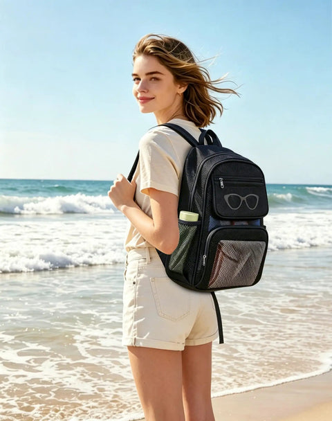 Heavy Duty Mesh Backpack See Through Beach Pool Bag for Travel and Day Trips on woman at the beach