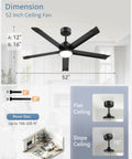 ZMISHIBO 52 Inch Ceiling Fans with Lights dimensions, showing flat and slope ceiling installation options.
