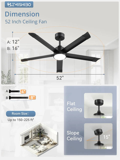 ZMISHIBO 52 Inch Ceiling Fans with Lights dimensions, showing flat and slope ceiling installation options.