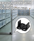 Sliding Barn Door Floor Guide Set, 4 Pcs Heavy Duty Adjustable Bottom Stopper and Swing Restrictor shown with black door kits