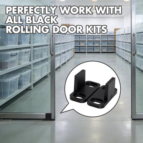 Sliding Barn Door Floor Guide Set, 4 Pcs Heavy Duty Adjustable Bottom Stopper and Swing Restrictor shown with black door kits
