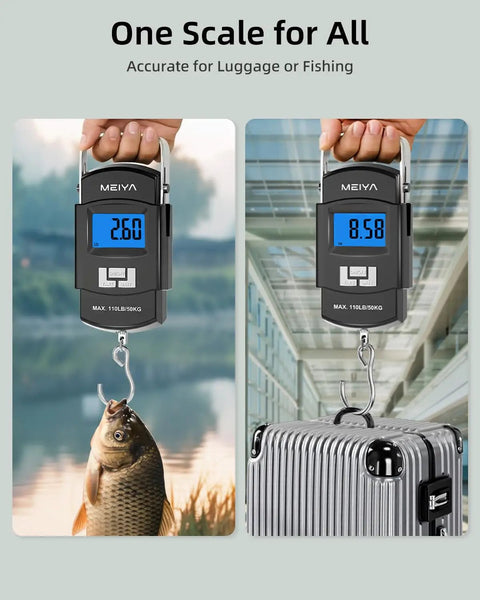 Dope Digital Fishing Scale With Backlit LCD weighing fish and luggage, 110lb/50kg capacity, stainless steel hook, portable handle