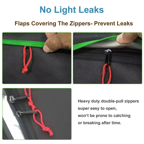 Close-up of zipper flaps on Plug-And-Grow All-In-One Indoor Grow Tent Kit With Carbon Filter, showing prevention of light leaks.