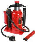 Big Red 20 Ton Air Hydraulic Bottle Jack Heavy Duty Professional Lifting Tool With Dual Power Operation Adjustable Range Plus Safety Valve For Industrial Auto Shop Use shown from the side with hydraulic hoses.