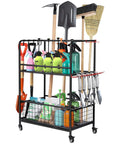 Garden Tool Organizer With Wheels Rugged Heavy Duty Metal Shelf Garage Tool Storage Rack With Hooks For Yard And Garden