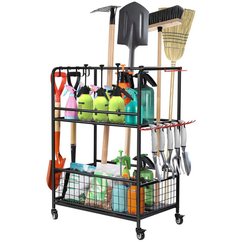 Garden Tool Organizer With Wheels Rugged Heavy Duty Metal Shelf Garage Tool Storage Rack With Hooks For Yard And Garden