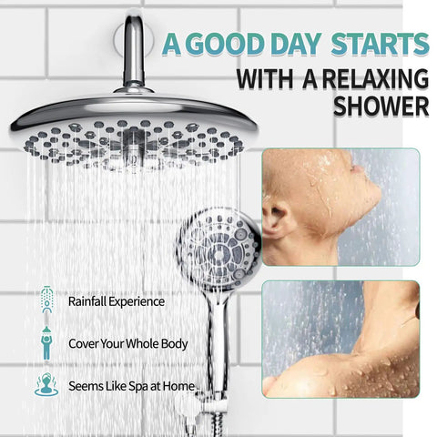 10 Inch Multifunctional High Pressure Shower System With Handheld Head, Valve Included, polished chrome, water flow detail