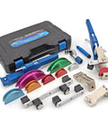 Front view of CAVALAX 90° ratcheting tube bender kit with blue case and 7 color-coded aluminum dies for 1/4"–7/8" tubes.