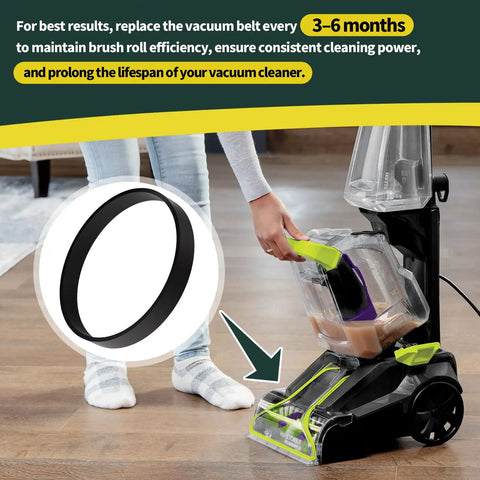 Replacement Vacuum Belts For PowerForce TurboClean PowerBrush Pet Models shown next to vacuum cleaner in use