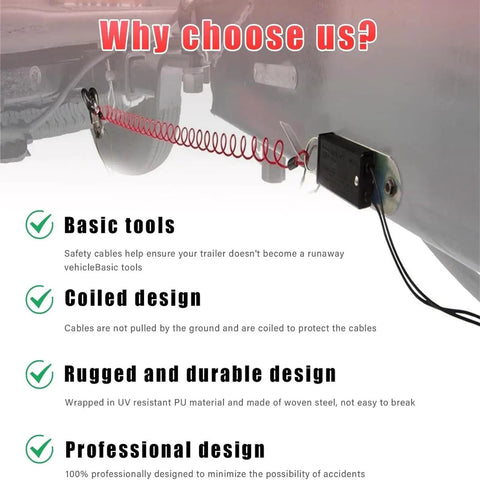 Heavy Duty Trailer Breakaway Cable With Pin And Buckle Kit For Safe Towing And Quick Brake Activation, clear coiled design on trailer