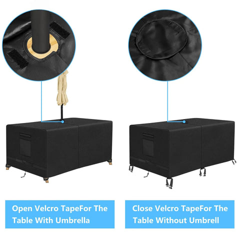 Rectangle Patio Table Cover With Umbrella Hole 88 Inch Long By 58 Inch Wide By 23.6 Inch High Heavy Duty 600D Oxford Fabric Waterproof Outdoor Furniture Cover For All Weather with open and closed Velcro options for umbrella.