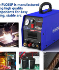 65 Amp Pro Grade Plasma Cutter With Dual Voltage 110V And 220V Inverter IGBT Power Non Touch Pilot Arc HF Air Start LED Digital Display Clean Cut Capability For Stainless And Alloy Steel Up To 0.8 Inch Thick, blue box design with controls and display, cutting metal