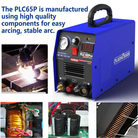 65 Amp Pro Grade Plasma Cutter With Dual Voltage 110V And 220V Inverter IGBT Power Non Touch Pilot Arc HF Air Start LED Digital Display Clean Cut Capability For Stainless And Alloy Steel Up To 0.8 Inch Thick, blue box design with controls and display, cutting metal