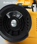 Built-in storage box on cordless tire inflator deflator with 160 PSI high pressure digital gauge compatible with DeWalt 20V Max battery