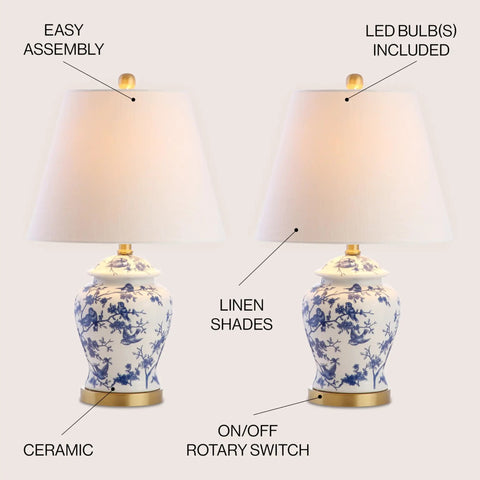 Two blue and white ceramic ginger jar table lamps with white linen shades, 22 inch tall LED, French country chinoiserie style, ETL listed.