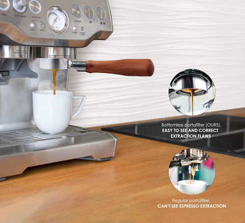 Bottomless 54mm Portafilter For Espresso Machines With Puck Filter Included, Breville Compatible Barista Express Pro extracting coffee