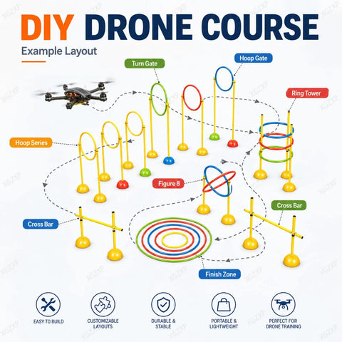 Illustration of DIY Drone Obstacle Course Kit For RC FPV Racing Drones, Indoor Outdoor Practice Arena with loop gates and poles.