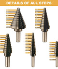 Heavy Duty 5 Piece Titanium Coated Step Drill Bit Set For Wood Plastic Aluminum With High Speed Steel Bits